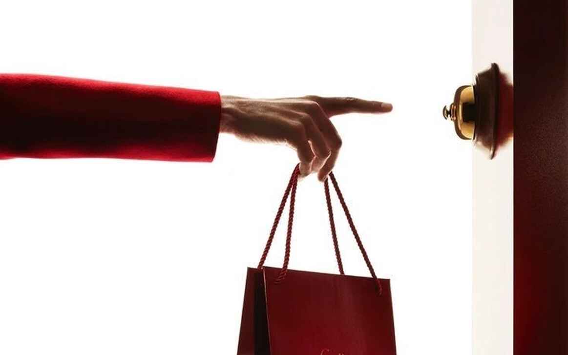 Elegant hand holding a burgundy shopping bag against a minimalist background